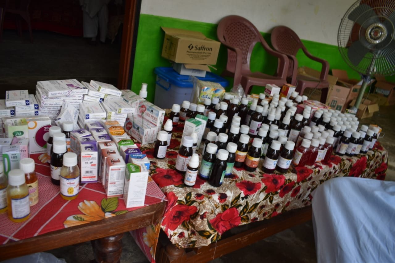 Tables of medicines prepared for patients at the free camp