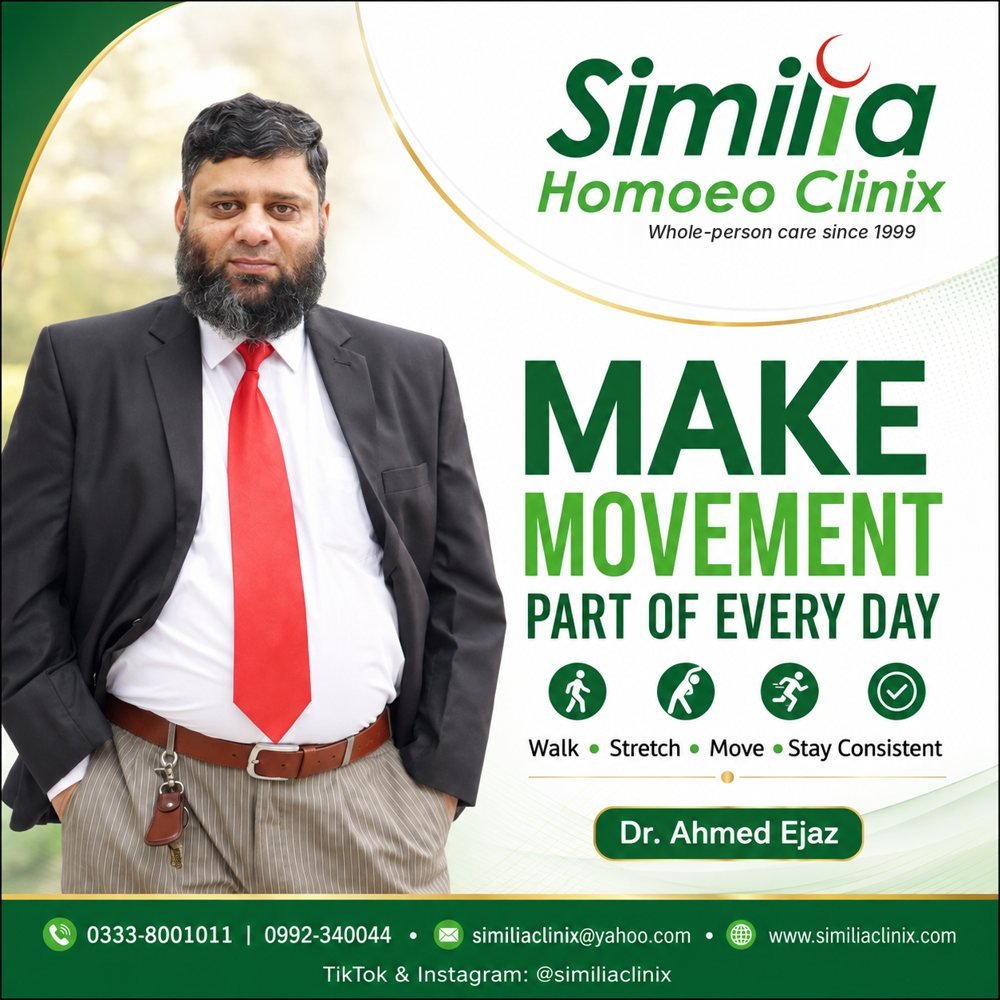 Wellness post by Dr. Ahmed Ejaz: Make movement part of every day. Walk, stretch, move and stay consistent.
